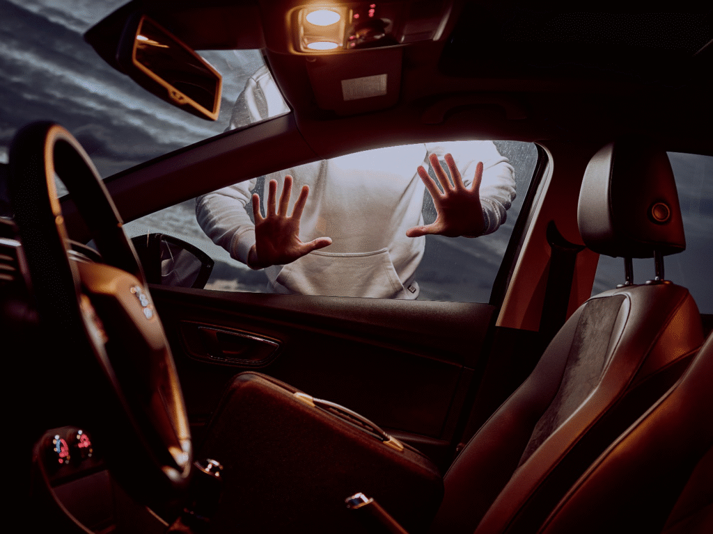 Person locked outside car looking inside