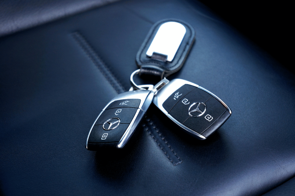 Mercedes car key fobs on a leather seat