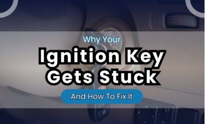 Infographic titled “Why Your Ignition Key Gets Stuck and How to Fix It,” outlining common causes like wear and tear, damaged keys, heavy keychains, steering wheel lock issues, and dirt buildup affecting ignition performance.