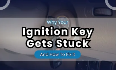 Infographic titled “Why Your Ignition Key Gets Stuck and How to Fix It,” outlining common causes like wear and tear, damaged keys, heavy keychains, steering wheel lock issues, and dirt buildup affecting ignition performance.