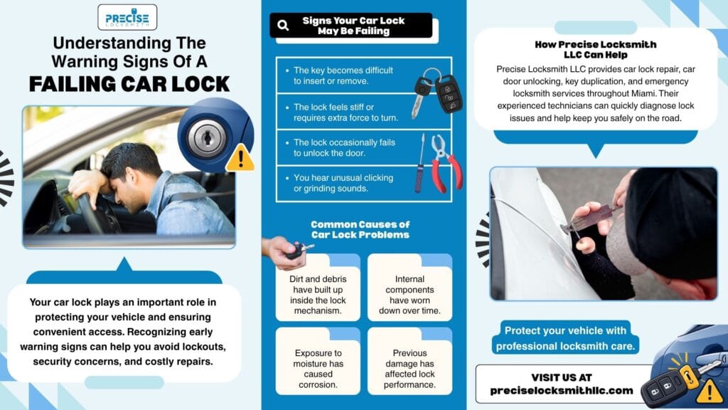 Infographic explaining the warning signs of a failing car lock, including difficulty inserting keys, stiff lock operation, unlocking issues, and unusual noises. It also covers common causes of lock problems and professional locksmith solutions.